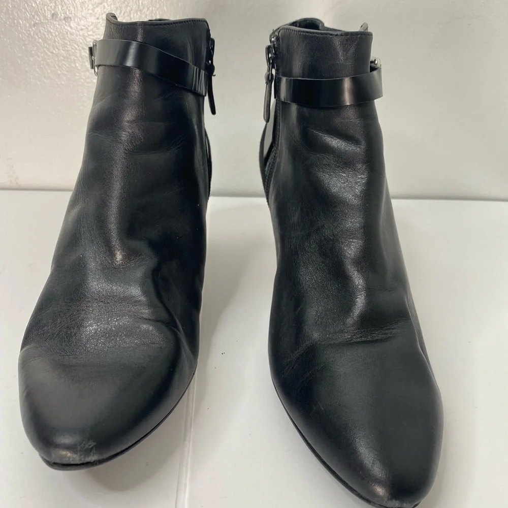 Cole Haan Sylvan Black Leather Suede Ankle Booties w Buckled Belt Hardware